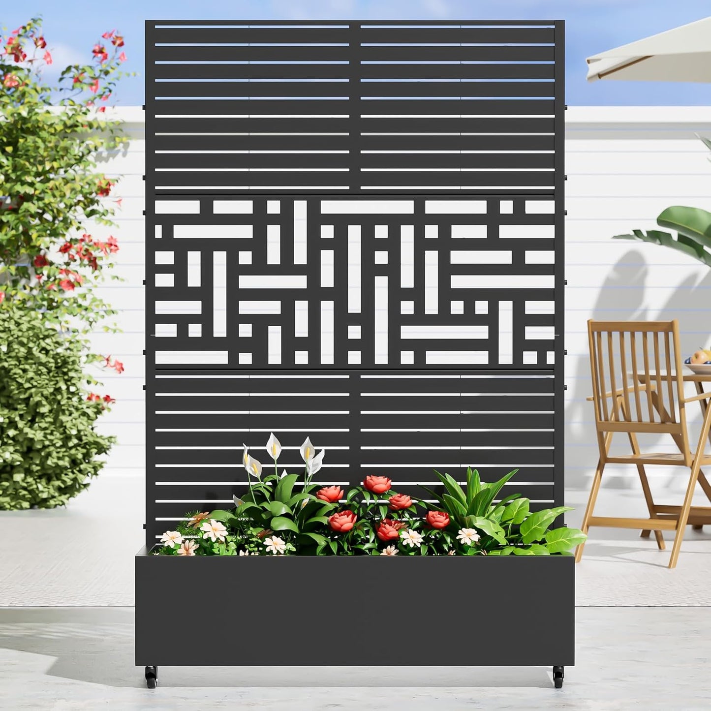Casaphoria Metal Raised Garden Bed with Trellis and Wheels, 72"x47"x16" Planter Box for Climbing Plants, Vegetables & Vines, Features Drainage Holes and Privacy Screen, Black(Louvered&Helen)