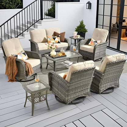 8-Piece Wicker Patio Furniture Set, All-Weather Rattan Conversation Bistro Loveseat Chair and Patio Rockers Set for Backyard, Balcony and Deck with Soft Cushions and Metal Table(Beige)