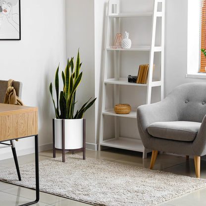 D'vine Dev Planter Pot with Stand - 14 Inch Plastic Cylinder Flower Pot with Wood Planter Holder for Indoor, Matte White Pot + Walnut Color Stand, 55-C-R-1