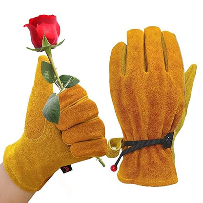 Women's Cotton Lined Leather Work Gardening Gloves, Rose Trimming, TIG/MIG Welding, Construction, Farm, Ranch Flexible Cowhide Gloves. Comfortable, Durable (Small)