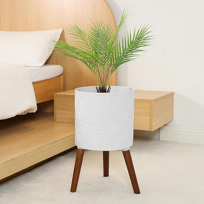 12 Inch Planter Pot with Stand, Planter for Indoor Plants, Modern Large Flower Planter Pot with Drainage Holes for Outdoor,Matte White