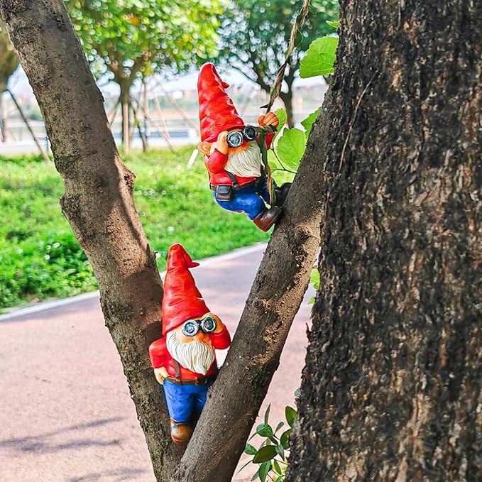 Hanging Gnome Garden Statue Funny Climbing Gnomes with Telescope Figurine Tree Hugger for Outdoor Lawn Home Patio Yard Art Decoration Father's Day Christmas Gardening Gifts for Mom Dad