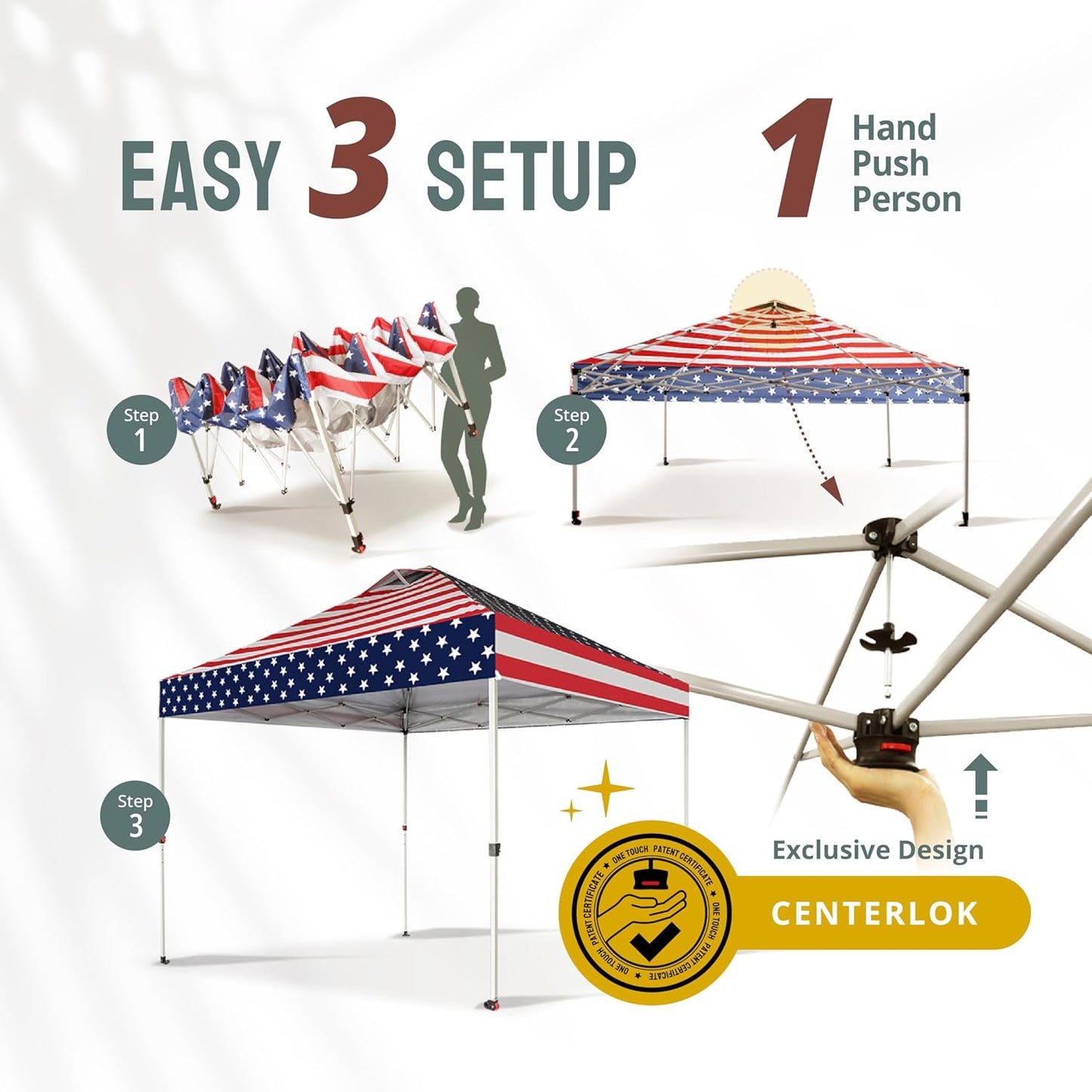 CROWN SHADES 10x10 Pop Up Canopy - Beach Tent with One Push Setup - Easy Outdoor Sun Shade for Events, Parties, Camping - Gazebo with STO-N-Go Cover Bag, Silver Coated Top, American Flag