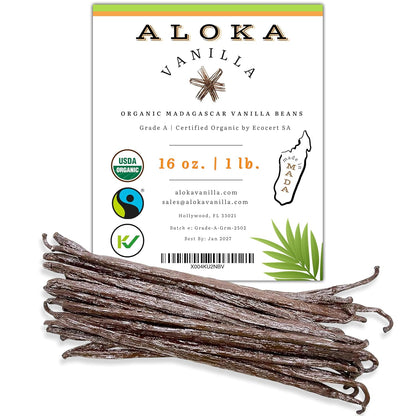 16oz (1 Pound) Count Organic Madagascar Vanilla Beans – Grade A Bourbon Pods | Gourmet Whole Vanilla Beans for Baking, Cooking, Extract Making | Rich Aroma, Premium Flavor, Non-GMO, Vegan