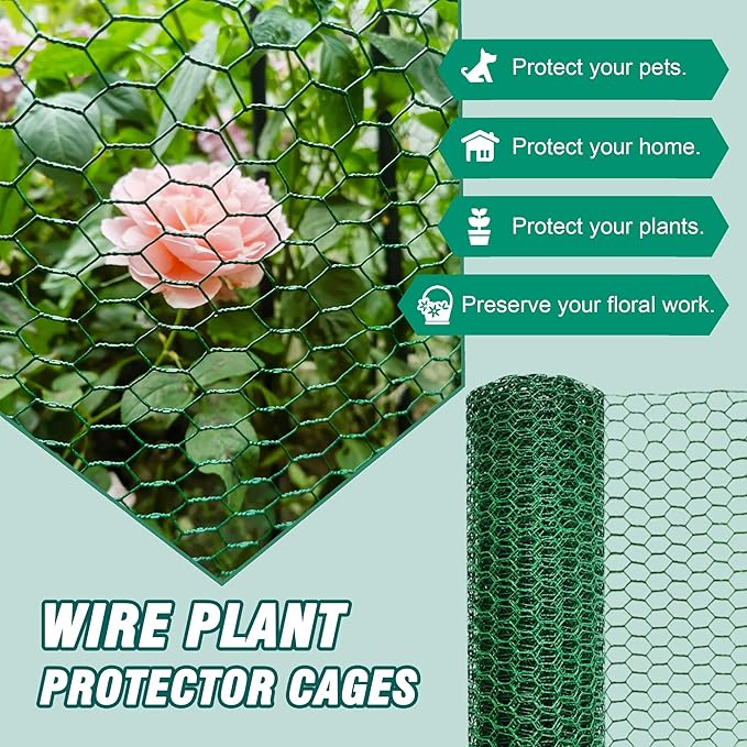 16.4Ft x16In Chicken Wire for Floral Arrangements - Free-Cut Green Metal Mesh with Hexagonal Galvanized PVC Coated Netting Guard Fence for Poultry, Garden, Plant