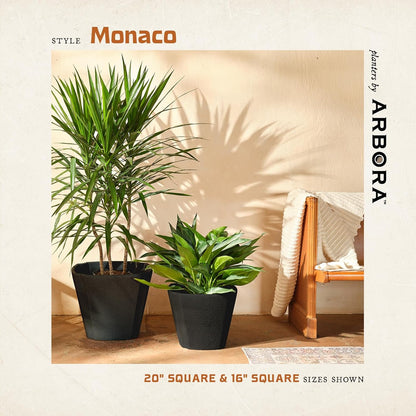 ARBORA 20" Monaco Square Polyresin Indoor and Outdoor Planter with Classic Black Finish - Durable, Weatherproof, Lightweight, Large Plant Pot for Patio, Garden, Deck, Entryway