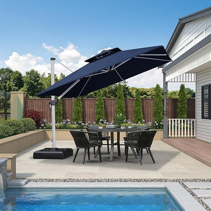 PURPLE LEAF 10 FT Patio Offset Umbrella Outdoor Cantilever Umbrella Hanging Umbrellas, 36 Month Fade Resistance & Water-repellent UV Protection Fabric Canopy with Crank & Water Tank Base (Navy Blue)