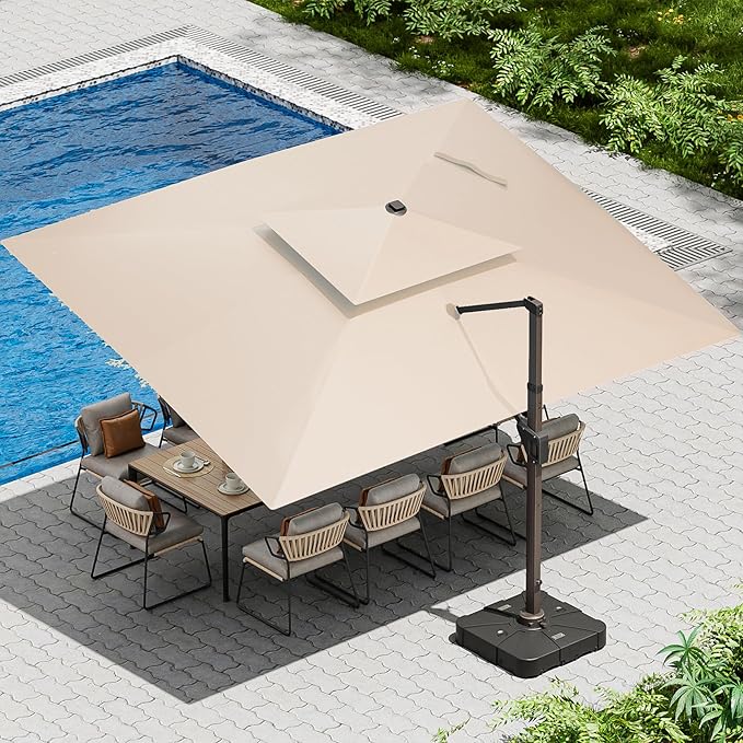 10 X 13 FT Cantilever Patio Umbrella Outdoor Heavy Duty Double Top Windproof Rectangle Offset Umbrellas with 360-degree Rotation for Pool Deck Backyard, Beige