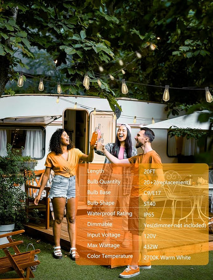 LED Patio String Lights 20Ft with 22 ST40 LED Edison Bulbs, Waterproof Outdoor Hanging Lights for Porch, Deck, Garden, Backyard, E17 Base, 2700K Dimmable, Vintage String Lights- Black Wire