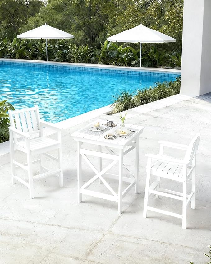 QUASCO 3-Piece Outdoor Adirondack Chairs and Table Sets, HDPE Adirondack Bar Height Chairs Set of 2 and Bar Table, All Weather Outdoor Bar Stools Set for Bistro, Balcony, Poolside, White