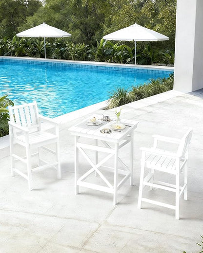QUASCO 3-Piece Outdoor Adirondack Chairs and Table Sets, HDPE Adirondack Bar Height Chairs Set of 2 and Bar Table, All Weather Outdoor Bar Stools Set for Bistro, Balcony, Poolside, White