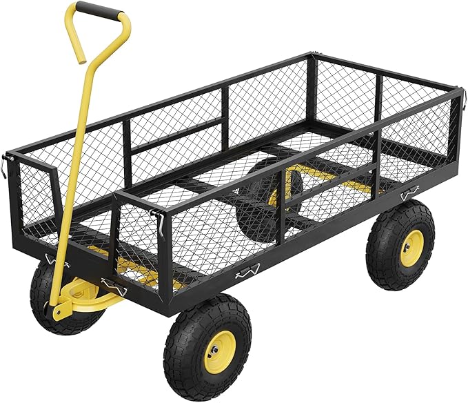 GarveeLife 900 LBS Garden Cart with Removable Mesh Sides, Heavy Duty Steel Garden Wagon with Adjustable Handles & 10 in Pneumatic Tires, Utility Wagon for Lawn Camping Farm Yard, Black+Yellow