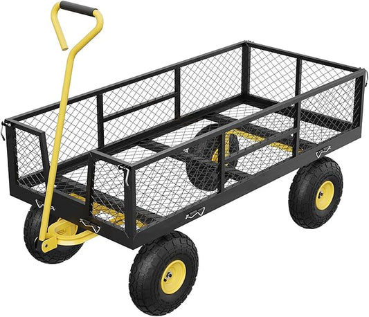 GarveeLife 900 LBS Garden Cart with Removable Mesh Sides, Heavy Duty Steel Garden Wagon with Adjustable Handles & 10 in Pneumatic Tires, Utility Wagon for Lawn Camping Farm Yard, Black+Yellow