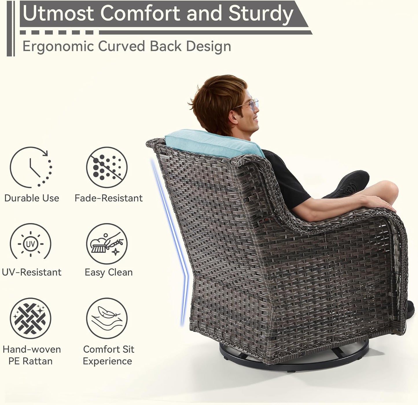 3 Pieces Outdoor Furniture Set - Patio Wicker Swivel Rocker Chair Set of 2 and 1 Side Table, Light Blue, Mixed Brown Rattan, Suitable for Porch, Yard