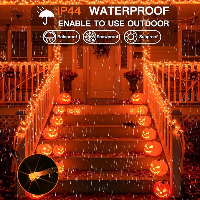 suddus Orange Halloween Lights Outdoor with Remote, 66ft 200 LED Connectable Waterproof String Lights Plug in, Dimmable Clear Wire Fairy Lights for Fall, Thanksgiving, Party, Tree, Garden, Porch Decor