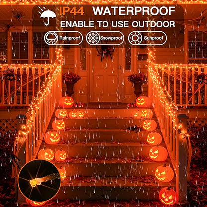 suddus Orange Halloween Lights Outdoor with Remote, 66ft 200 LED Connectable Waterproof String Lights Plug in, Dimmable Clear Wire Fairy Lights for Fall, Thanksgiving, Party, Tree, Garden, Porch Decor