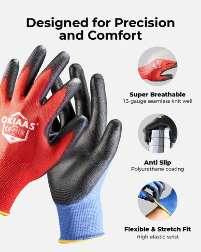 OKIAAS Work Gloves for Men，Ultra Thin and Lightweight Working Gloves with Grip, Bulk Case of 60 Pairs Construction Gloves with Polyurethane Coating, Safety Gloves for Light Duty Work (Black, Large)