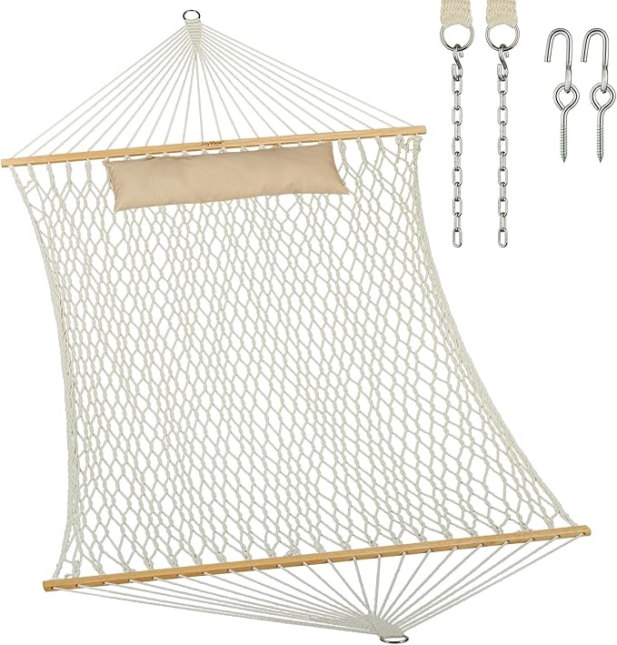 JoyView Traditional Rope Double Hammock - Hand Woven Cotton Hammock with Hardwood Spreader Bar and Pillow 450lb Capacity for Outdoor Indoor Patio Yard - Natural