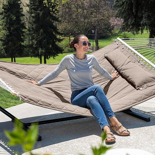 ANOW 2 Person Hammock with 12FT Stand, Heavy Duty Hammock with Stand for Outdoors, 450 LBS Weight Capacity, Light Brown