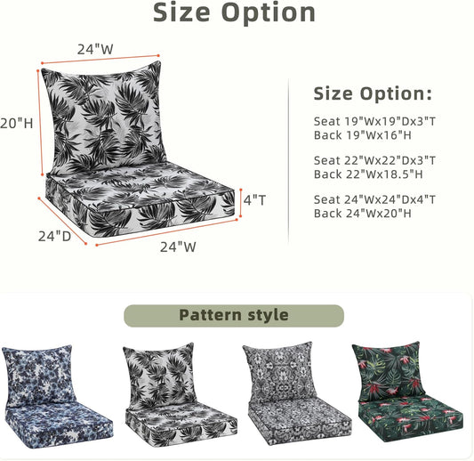Favoyard Outdoor Seat Cushion 24 x 24 x 4 in Waterproof Pattern Fade Resistant Cover Removable Patio Furniture Cushions Deep Seat & Back Cushion Set with Adjustable Straps for Patio Chair Sofa Couch