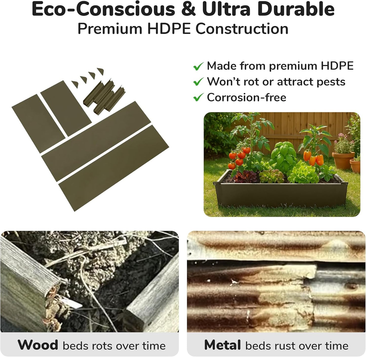 Raised Garden Bed - 2x4 ft Planter Box - Weathered Wood HDPE - No Tools Needed - DIY Kit for Urban Gardening, Flowers, Herbs & Vegetables - Made in The USA
