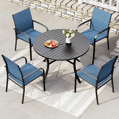 HERA'S HOUSE 5 Pieces Patio Dining Set, 4 x Blue Textilene Dining Chair, 42" Metal Round Dining Table, Patio Table and Chairs Set for Lawn Garden Backyard Deck