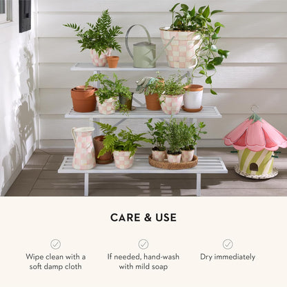 MACKENZIE-CHILDS Enamel Garden Pot, Decorative Pot for Plants, Outdoor Flowerpot Decor, Extra Large, Pink-and-White Rosy Check