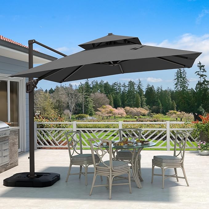 10' X 10' Cantilever Patio Umbrella Outdoor Heavy Duty Double Top Windproof Square Offset Umbrellas with 360-degree Rotation for Pool Deck Backyard, Grey