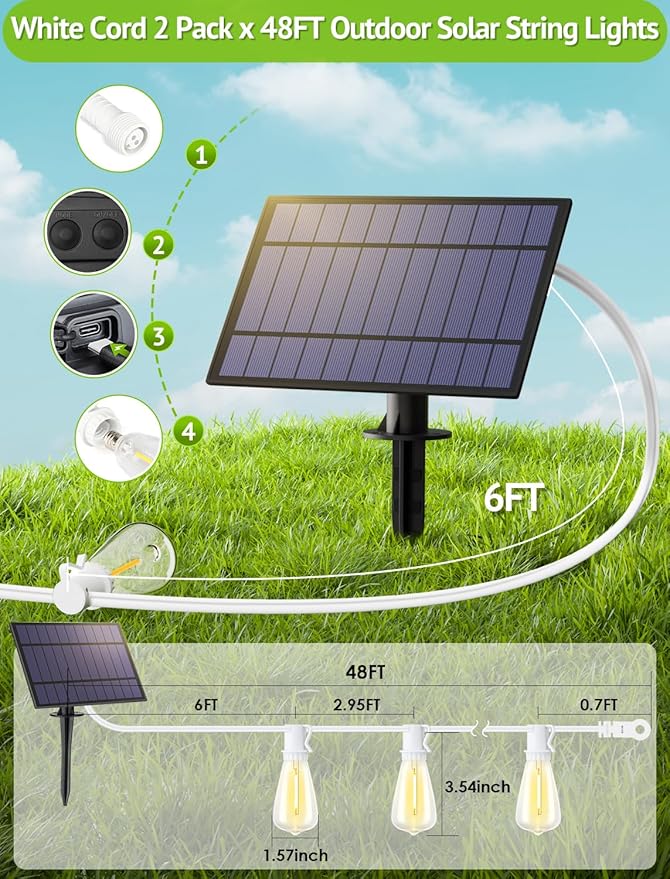 96FT(2x48FT) Solar Outdoor String Lights with Remote & Timer, Waterproof Dimmable Patio Lights with 30+2 ST38 LED Bulbs for Garden Deck-White