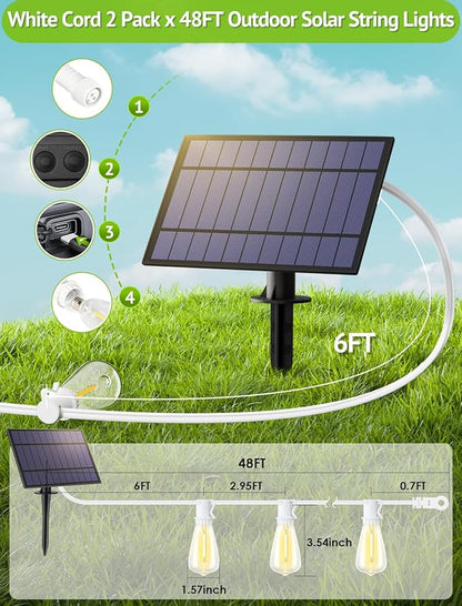 96FT(2x48FT) Solar Outdoor String Lights with Remote & Timer, Waterproof Dimmable Patio Lights with 30+2 ST38 LED Bulbs for Garden Deck-White