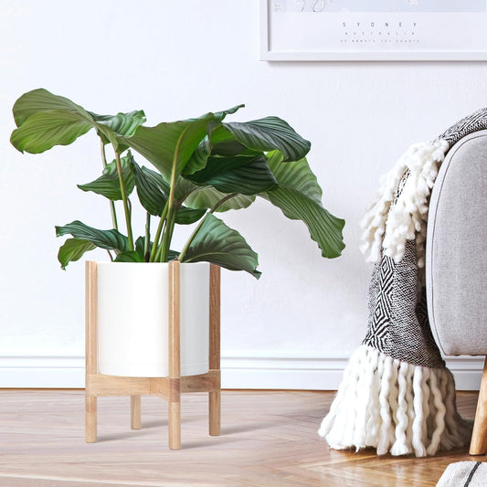 D'vine Dev Planter Pot with Stand - 10 Inch Plastic Cylinder Flower Pot with Wood Planter Holder for Indoor, Matte White Pot + Natural Stand, 55-C-M-1