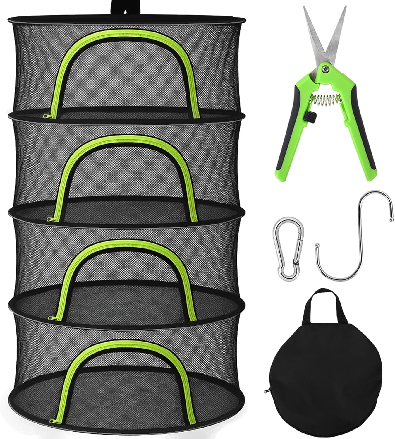 Herb Drying Rack Hanging Mesh 4 Layer 18" with Zipper, Garden Pruning Shear, Hook & Carabiner Clip for Drying Herbs, Plants, Seeds, Buds | Hydroponics & Grow Tents Herb Dryer Hanging Rack