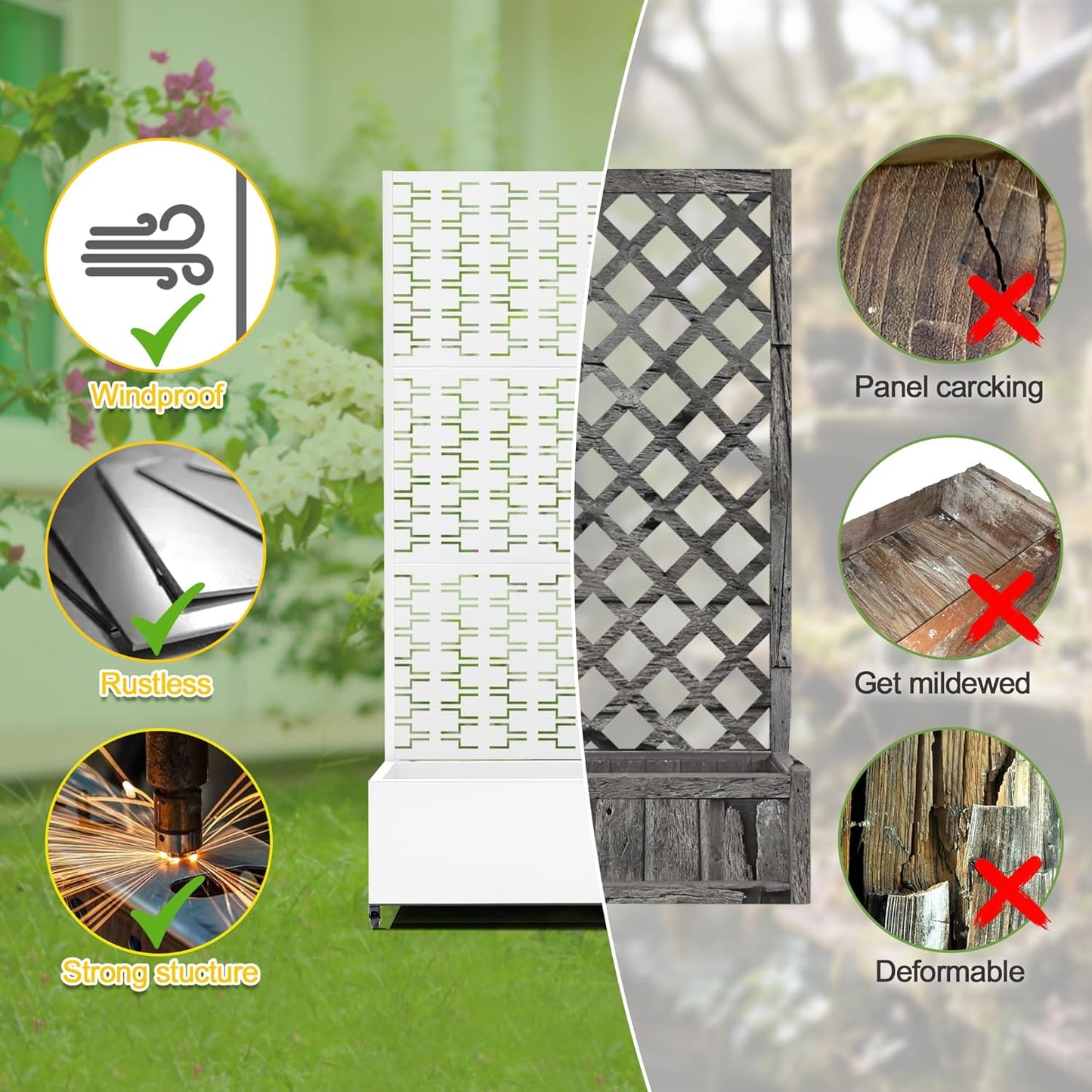 FENCY Metal Raised Garden Bed with Wheels and Trellis,73"x35"x16" Planter Box for Climbing Plants, Vegetables & Vines, Features Privacy Screen and Drainage Holes (White-Brick)