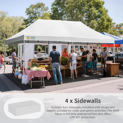 CROWN SHADES 10x20 Pop Up Canopy Tent, Thicken Frame Commercial Heavy Duty Tent, 4 Sidewalls 8 Stakes & 4 Sandbags & 4 Ropes, Outdoor Canopies for Events, Parties,White