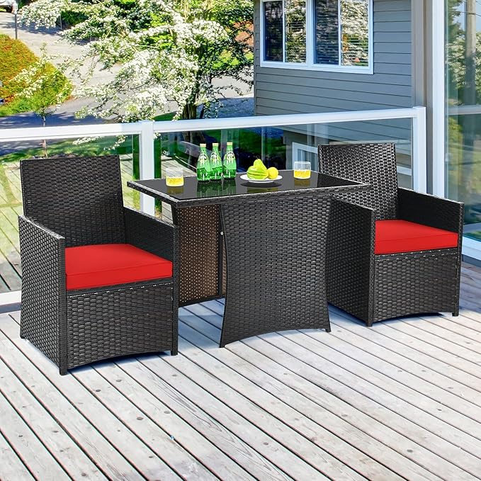 Tangkula 3 Pieces Patio Dining Set, Space-Saving PE Rattan Bistro Set with Tempered Glass Top Table and Cushioned Chairs, Outdoor Conversation Set for Garden Backyard Poolside Porch (Red)