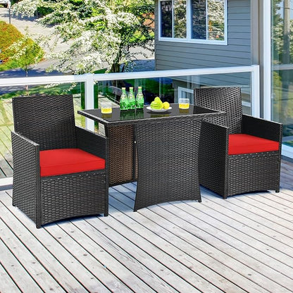 Tangkula 3 Pieces Patio Dining Set, Space-Saving PE Rattan Bistro Set with Tempered Glass Top Table and Cushioned Chairs, Outdoor Conversation Set for Garden Backyard Poolside Porch (Red)
