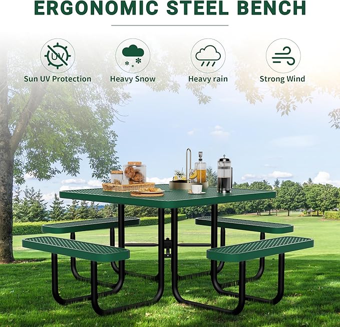 46" Square Picnic Table for Outside,Heavy Duty Metal Picnic Table Bench Set with 2in Umbrella Hole, 1600 lb Capacity,Commercial Dining Table Furniture for Garden Yard Patio Party Coffee Shop