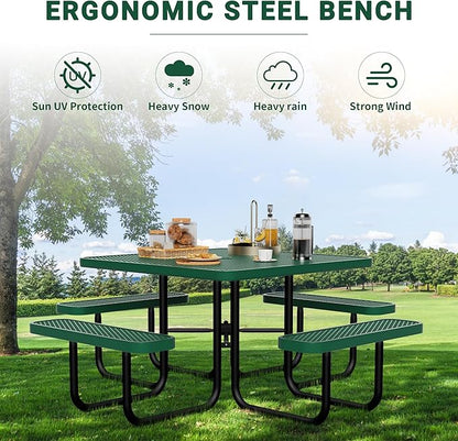 46" Square Picnic Table for Outside,Heavy Duty Metal Picnic Table Bench Set with 2in Umbrella Hole, 1600 lb Capacity,Commercial Dining Table Furniture for Garden Yard Patio Party Coffee Shop