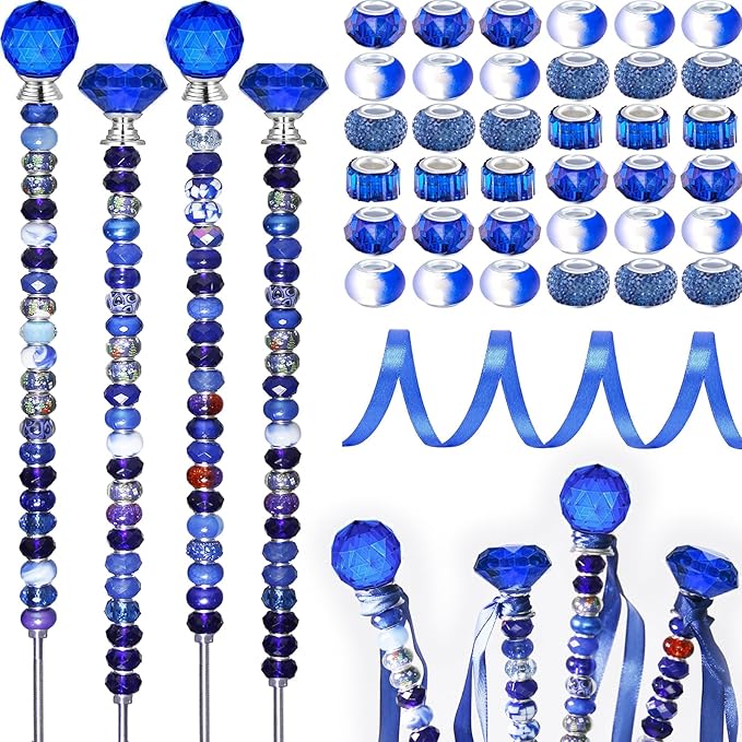 119 Pcs Garden Stake Diy Fairy Wand Plant Stake with Dark Blue Large Hole Beads Crystal Diamond Stopper Top 4 Stainless Steel Threaded Rod Beaded Garden Stakes For Outdoor Indoor Plant Pot Decorations