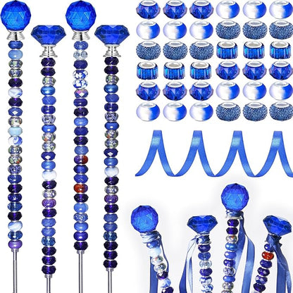 119 Pcs Garden Stake Diy Fairy Wand Plant Stake with Dark Blue Large Hole Beads Crystal Diamond Stopper Top 4 Stainless Steel Threaded Rod Beaded Garden Stakes For Outdoor Indoor Plant Pot Decorations