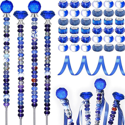 119 Pcs Garden Stake Diy Fairy Wand Plant Stake with Dark Blue Large Hole Beads Crystal Diamond Stopper Top 4 Stainless Steel Threaded Rod Beaded Garden Stakes For Outdoor Indoor Plant Pot Decorations
