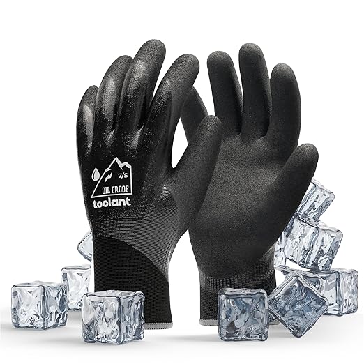Waterproof Gloves for Men and Women, Freezer Gloves with Grip, Double Nitrile Dipped for Extreme Oil Repellent, for Construction, Mechanics, Mining, Plumbing, Black, Small