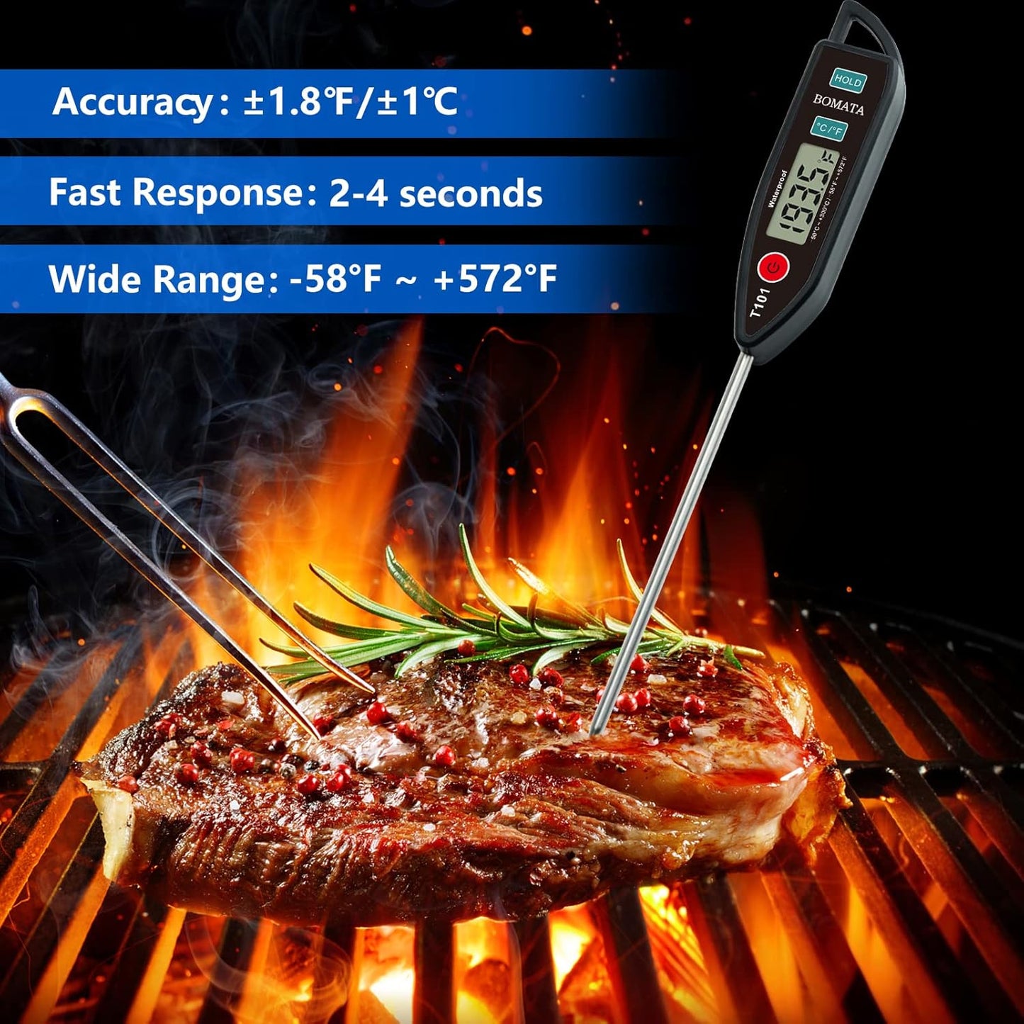BOMATA Digital Water Thermometer for Water, Liquid, Candle and Cooking. Instant Read Food Thermometer Waterproof IPX7 with Long Probe for Cooking, Meat, BBQ! T101 (Black Color)…