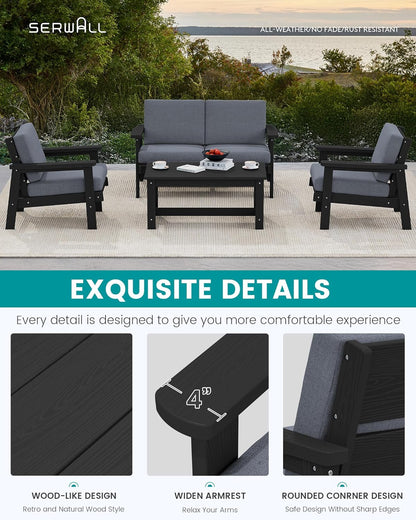 SERWALL HDPE Patio Furniture Set with 15FT Double Side Patio Umbrella, All Weather Wood-Like Outdoor Sofa Sectional Couch, Black Patio Furniture with Grey Cushions