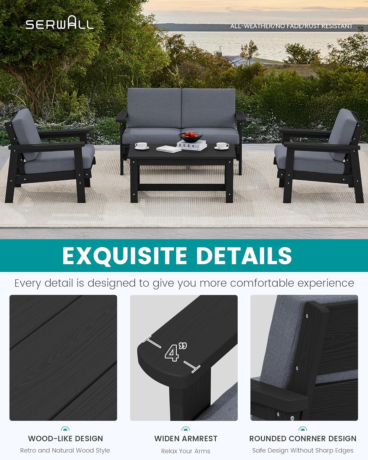 SERWALL 4 Piece HDPE Outdoor Furniture Set, All Weather Wood-Like Outdoor Sofa Sectional Couch, Black Patio Furniture Set with Grey Cushions