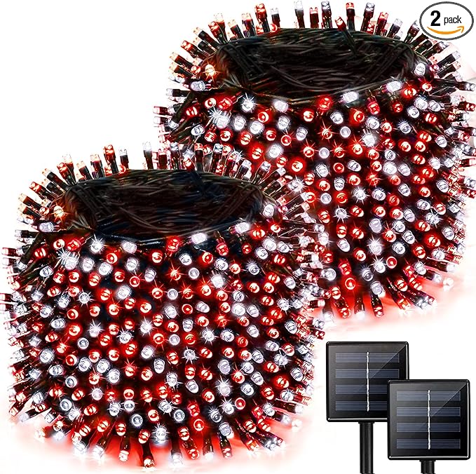 2 Pack 480 LED Solar Chrismas Lights Outdoor, 170 FT Super Long Solar String Lights for Outside with 8 Modes & Memory Function, Waterproof Twinkle Light for Xmas Tree Party Decorations (Red and White)