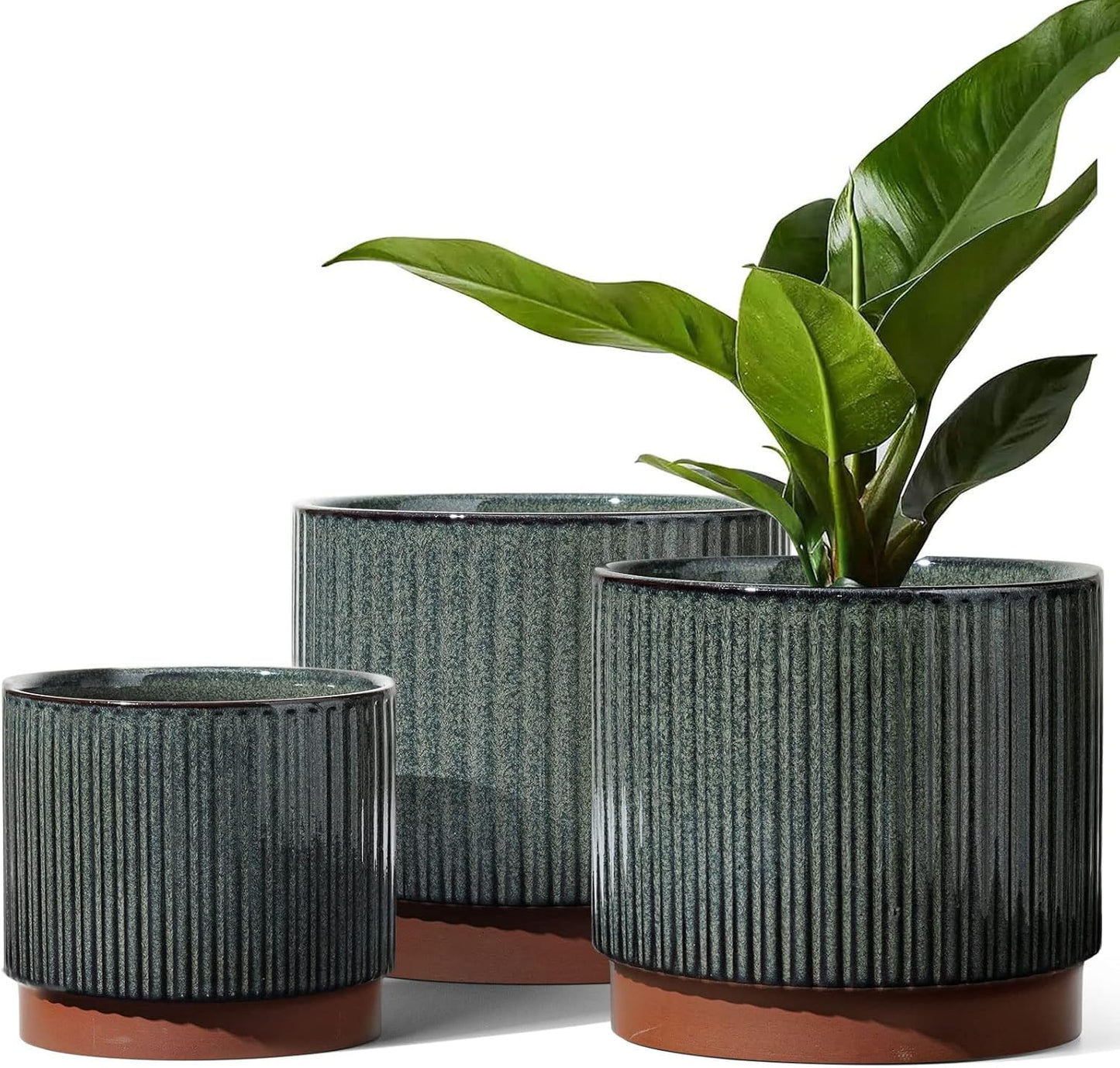 LE TAUCI Ceramic Plant Pots with Drainage Holes, Set of 3, 8+6.7+5.5 Inch Stripe Garden Planter Pots for Outdoor Indoor Plants Flower, Round Succulent Orchid Flower Pot, Reactive Glaze Black