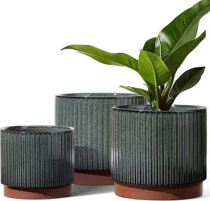 LE TAUCI Ceramic Plant Pots with Drainage Holes, Set of 3, 8+6.7+5.5 Inch Stripe Garden Planter Pots for Outdoor Indoor Plants Flower, Round Succulent Orchid Flower Pot, Reactive Glaze Black