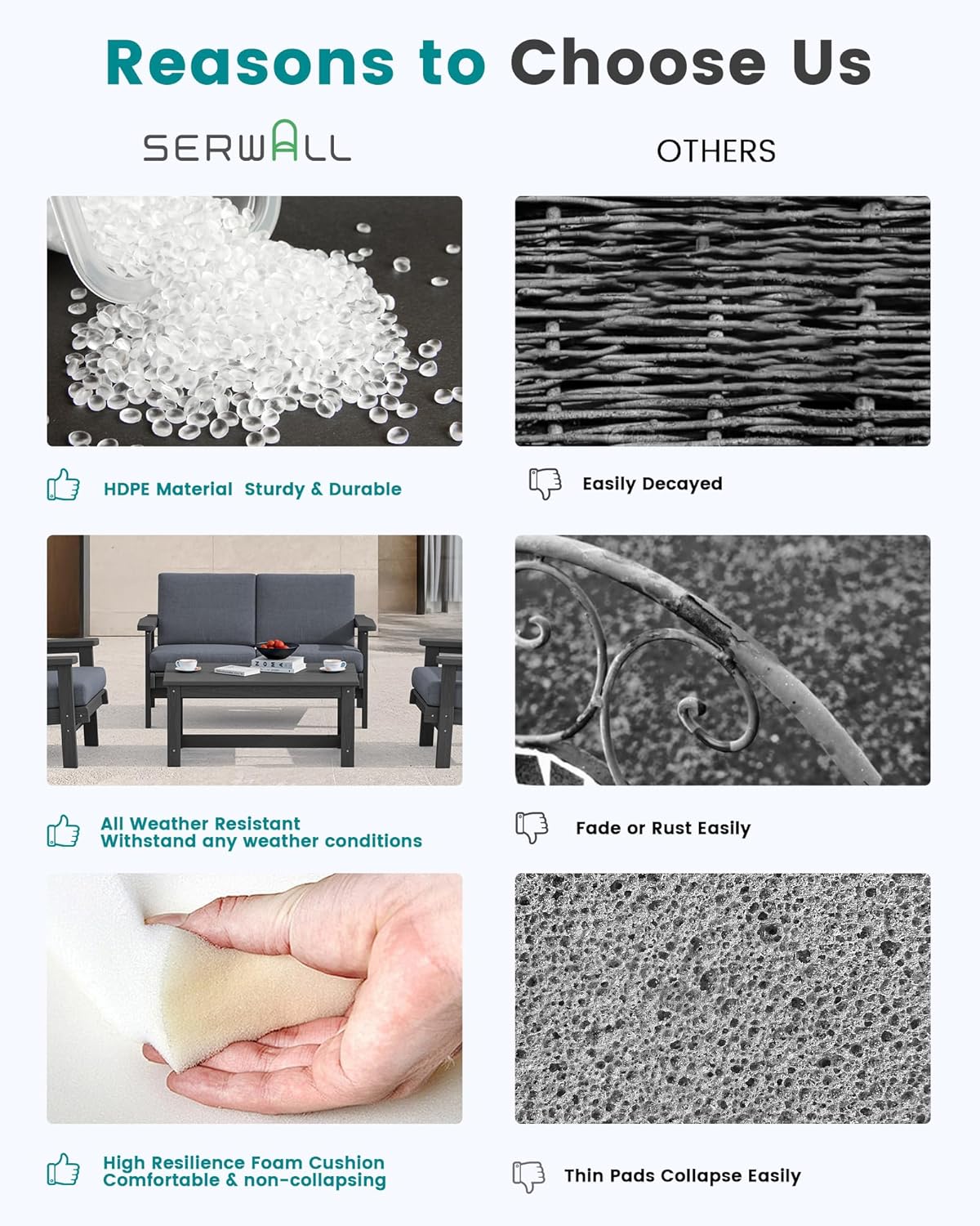 SERWALL 4 Piece HDPE Outdoor Furniture Set, All Weather Wood-Like Outdoor Sofa Sectional Couch, Grey Patio Furniture Set with Grey Cushions