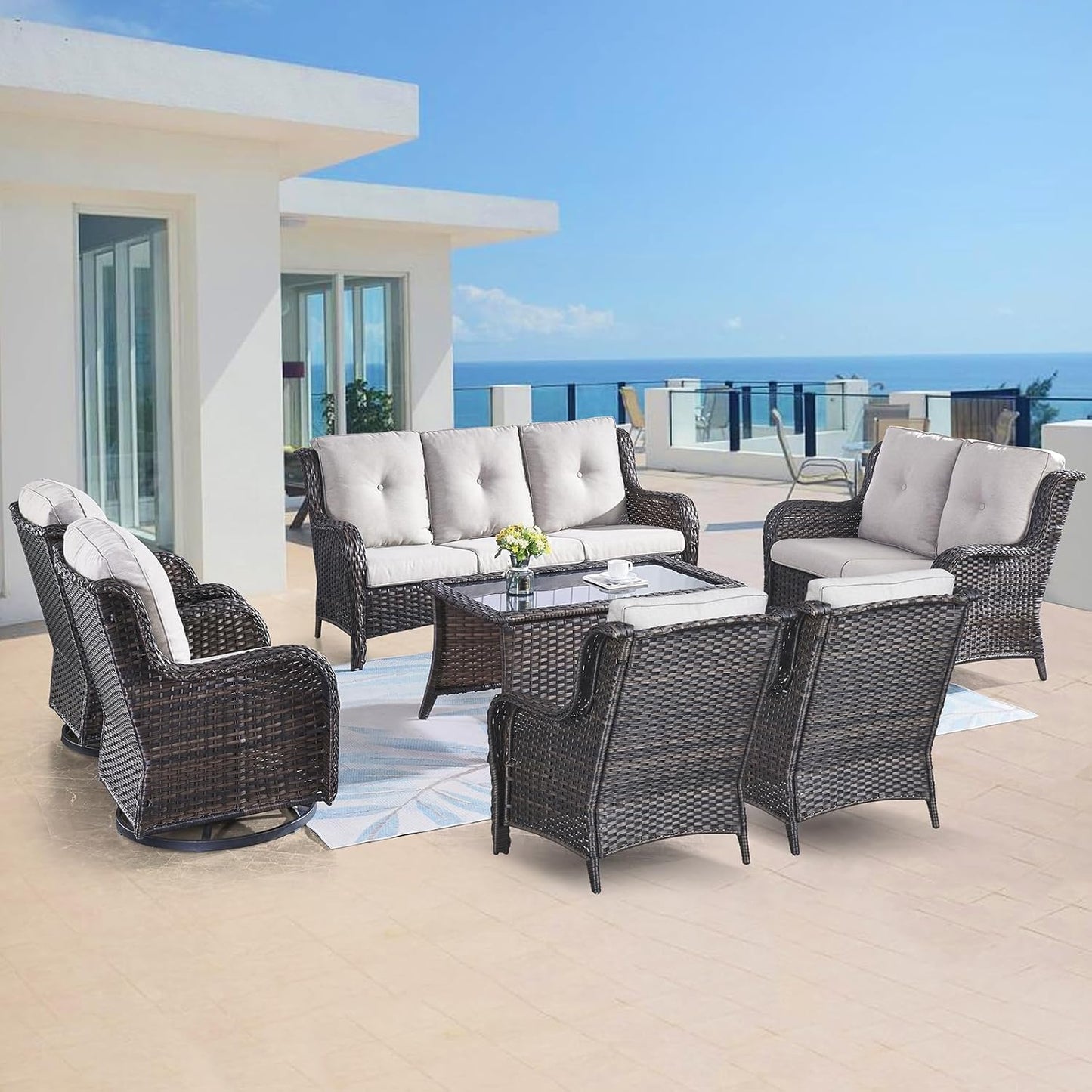 Outdoor Wicker Furniture Patio Set - 7 Piece Backyard Furniture Brown Rattan Conversation Sets with Swivel Rocker Chairs, Rattan Sofa, Club Chairs and Coffee Table, Beige Cushion